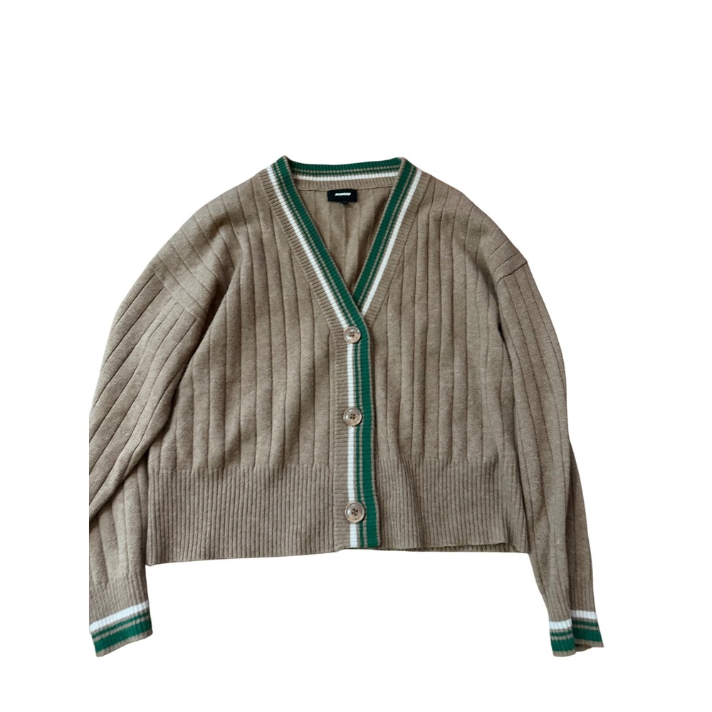 Monrow‎ Wool Cashmere Ribbed Varsity Cardigan Brown Green Stripe Womens Size M